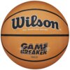 Pomarańczowa piłka koszykowa z widocznym logo "Wilson" oraz napisem "ALL SURFACE COVER" na górze. Na dole znajduje się napis "GAME BREAKER" oraz oznaczenie "28.5".