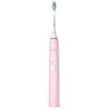 Różowa szczoteczka soniczna z białą główką, na której widnieje napis "PHILIPS Sonicare". Na uchwycie znajduje się przycisk zasilania oraz logo "PHILIPS Sonicare".