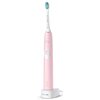 Różowa szczoteczka soniczna z białą główką, stojąca na białej podstawce z napisem "PHILIPS". Na uchwycie widoczny jest przycisk oraz logo "Sonicare".