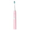 Różowa szczoteczka soniczna z białą główką, na której widnieje napis "PHILIPS Sonicare". Na uchwycie znajduje się okrągły przycisk oraz wskaźnik z ikoną baterii.