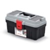 Czarna skrzynka narzędziowa z szarym wiekiem i czerwonym zapięciem, z widocznym logo "Kistenberg" oraz napisem "Optima tool box" na etykiecie. Na etykiecie znajdują się również ikony i oznaczenie "KOP4020-4C".