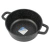 Czarny garnek z białymi kropkami, posiadający dwa uchwyty, z widoczną wewnątrz etykietą z napisem: "COOKMARK MARBLE Safe and ecological product, marble coating, anti allergic, very easy to use and clean".