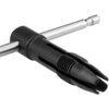 Stalowe pokrętło typu T z grzechotką do gwintowników, przeznaczone do rozmiarów M3-M8, wykonane przez NEO TOOLS, model 12-908. Produkt ma czarną, żebrowaną końcówkę i metalowy uchwyt.