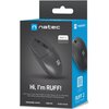 Opakowanie przedstawia czarną mysz komputerową z napisem "Hi, I'm RUFF!" oraz informacjami o produkcie, takimi jak "Wired mouse" i "1000 DPI". Na opakowaniu widnieje logo "natec" oraz kod QR z napisem "visit our website", a także hasła "ERGONOMIC SHAPE" i