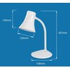 Biała lampka biurkowa z elastycznym ramieniem i stożkowym kloszem, umieszczona na niebieskim tle. Obok lampki widoczne są wymiary: 128 mm, 120 mm, 158 mm i 407 mm.