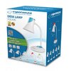 Na zdjęciu znajduje się opakowanie lampki biurkowej z logo "esperanza" oraz napisem "DESK LAMP POLARIS". Widoczne są także informacje: "THREAD E27", "FLEXIBLE ARM", "ON/OFF SWITCH" oraz ilustracje lampki w różnych kolorach.