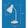 Na niebieskim tle znajduje się biała lampka biurkowa z elastycznym ramieniem, obok której widoczne są wymiary: 136 mm, 105 mm, 360 mm i 142 mm. Na podstawie lampki znajduje się logo "Esperanza".