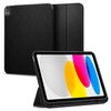 Czarne etui na iPad z teksturowaną powierzchnią, ustawione w pozycji stojącej, z widocznym ekranem urządzenia wyświetlającym kolorowe owalne kształty. Produkt ma elegancki, minimalistyczny design.