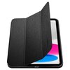 Czarne etui na tablet z widocznym logo "Spigen" na okładce, częściowo otwarte, ukazujące ekran urządzenia z kolorowymi kształtami w tle.