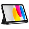 Czarne etui na iPad z funkcją stojaka, w którym umieszczony jest tablet wyświetlający kolorowe, owalne kształty na ekranie. W dolnej części etui znajduje się miejsce na rysik.
