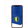 Na zdjęciu widoczny jest telefon z czerwonymi krawędziami, na ekranie którego znajduje się niebieska grafika z żółtą tarczą. Obok telefonu umieszczone jest przezroczyste szkło ochronne.