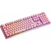 Różowa klawiatura mechaniczna z podświetleniem RGB, posiada pełny układ klawiszy z sekcją numeryczną. Klawisze są podświetlone różnymi kolorami, tworząc efekt tęczy.
