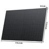 Na zdjęciu znajduje się czarny panel fotowoltaiczny z widocznymi wymiarami: 172,2 cm na 113,4 cm na 3,5 cm. Panel ma regularny wzór linii i punktów na powierzchni.