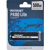 Opakowanie dysku SSD z napisem "PATRIOT P400 Lite PCIe Gen4 x4 M.2 Solid State Drive" oraz "500GB Speed results based on 1TB SSD". Na dole widoczny jest adres strony internetowej: "PATRIOTMEMORY.COM".