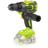 Na zdjęciu znajduje się zielono-czarna wiertarka udarowa z logo "FIELDMANN" oraz oznaczeniem "BRUSHLESS" na obudowie. Na podstawie wiertarki widnieje napis "20V FASTPOWER".