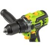 Na zdjęciu znajduje się zielono-czarna wiertarka udarowa z widocznym logo "FIELDMANN" oraz napisem "BRUSHLESS" na obudowie. Wiertarka posiada regulację momentu obrotowego z oznaczeniami liczbowymi oraz dodatkowy uchwyt.