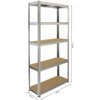 Metalowy regał z pięcioma półkami z płyty wiórowej, o wymiarach 180 cm wysokości, 90 cm szerokości i 40 cm głębokości. Konstrukcja wykonana jest z metalowych profili z otworami.