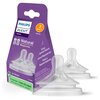 Fioletowe opakowanie z logo "PHILIPS AVENT" zawiera dwa przezroczyste smoczki, oznaczone jako "Natural Response" i przeznaczone dla dzieci od 3 miesiąca życia. Na opakowaniu widnieje napis "2x Tetinas" oraz informacja o ekologicznym opakowaniu: "Empaque a
