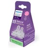 Fioletowe opakowanie produktu z logo "PHILIPS Avent" zawiera dwa przezroczyste smoczki, z oznaczeniem "Natural Response teat" oraz informacją "4 Fast Rapide Hızlı". Na opakowaniu widnieje napis "Paper-based packaging 80% less carbon footprint" oraz "BREAS