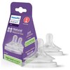 Fioletowe opakowanie z napisem "PHILIPS Avent Natural Response teat" zawiera dwa przezroczyste smoczki, a na opakowaniu widnieje informacja "6+ Thick feed" oraz "Paper-based packaging 80% less carbon footprint".