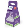 Fioletowe opakowanie produktu z logo "PHILIPS AVENT" zawiera dwa przezroczyste smoczki, oznaczone jako "Natural Response teat" dla dzieci od 6 miesiąca życia, z informacją o opakowaniu papierowym zmniejszającym ślad węglowy o 80%. Na opakowaniu widnieje n