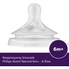 Przezroczysty smoczek z napisem "6" na powierzchni, umieszczony na białym tle. Na dole widnieje tekst: "Responsywny Smoczek Philips Avent Natural 6m+ – 6 flow" oraz fioletowe kółko z napisem "6m+".