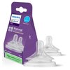 Fioletowe opakowanie z napisem "PHILIPS AVENT Teat Natural Response teat" zawiera dwa przezroczyste smoczki. Na opakowaniu widnieje informacja "1 Extra slow", "2x Teats", "BPA free" oraz "Paper-based packaging 80% less carbon footprint".