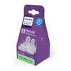 Fioletowe opakowanie produktu z logo "PHILIPS AVENT" zawiera dwa przezroczyste smoczki, z napisem "Natural Response teat" oraz informacją "1 Extra slow". Na dole opakowania widnieje napis "Paper-based packaging 80% less carbon footprint" oraz "BPA free".