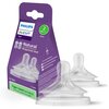 Fioletowe opakowanie z napisem "PHILIPS AVENT Natural Response teat" zawiera dwa przezroczyste smoczki. Na opakowaniu widnieje informacja "Paper-based packaging 80% less carbon footprint" oraz "0% BPA".