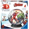 Opakowanie przedstawia kuliste puzzle 3D z motywem Marvel Avengers, z widocznymi postaciami Iron Mana, Hulka i Kapitana Ameryki. Na opakowaniu znajdują się napisy: "3D Puzzle", "Marvel Avengers", "Sturdy - no glue required", "Easyclick Technology", oraz l
