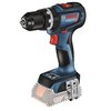 Na zdjęciu znajduje się niebiesko-czarna wiertarko-wkrętarka z czerwonymi akcentami, z widocznym logo "BOSCH Professional GSB 18V-90 C" oraz napisem "KICKBACK". Dolna część urządzenia jest przezroczysta, sugerując miejsce na akumulator, a na uchwycie znaj