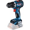 Na zdjęciu znajduje się niebiesko-czarna wiertarko-wkrętarka z czerwonymi akcentami, z widocznym logo "BOSCH Professional GSR 18V-90 C" oraz napisem "KICKBACK CONTROL". Produkt jest przedstawiony bez akumulatora, z przezroczystym zarysem miejsca na bateri