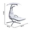 Jasnoszary fotel podwieszany z daszkiem, o wymiarach 205 cm wysokości, 125 cm długości i 105 cm szerokości, z metalową ramą i poduszkami. Produkt to "Fotel podwieszany SASKA GARDEN Lizbona Jasnoszary".
