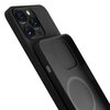 Grafitowe etui silikonowe z okrągłym wzorem na wewnętrznej stronie, przeznaczone do telefonu Apple iPhone 14 Pro Max. Widoczne są wycięcia na aparat oraz przyciski boczne, a także tekstura powierzchni etui.