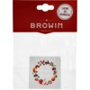 Opakowanie z etykietami do słoików marki BROWIN, zawierające 20 sztuk, z widocznym logo "BROWIN ROK ZAŁ. 1979" na czerwonym tle oraz napisem "ŁATWE DO USUNIĘCIA!" w okręgu. Etykiety ozdobione są ilustracjami owoców, takich jak gruszki, jabłka i wiśnie, uł
