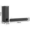 Na zdjęciu widoczny jest czarny soundbar oraz subwoofer z logo "M" na obu urządzeniach. Soundbar ma wymiary 700 mm na 90 mm, a subwoofer 470 mm na 250 mm na 120 mm.