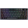 Czarna klawiatura mechaniczna z podświetleniem RGB, posiadająca klawisze funkcyjne od F1 do F12 oraz klawisze numeryczne od 1 do 0. W prawym górnym rogu widoczne jest logo ROG.