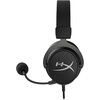Czarne, nauszne słuchawki z mikrofonem na elastycznym pałąku, z widocznym logo "HyperX" na nauszniku. Słuchawki mają miękkie wykończenie pałąka i okrągłe nauszniki.
