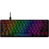 Na zdjęciu znajduje się klawiatura mechaniczna z podświetleniem RGB, z widocznymi klawiszami oznaczonymi literami, cyframi i symbolami. Klawiatura ma kompaktowy układ, a na jednym z klawiszy widoczny jest wzór przypominający kontury topograficzne.