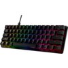 Czarna klawiatura mechaniczna z podświetleniem RGB, na której widoczne są klawisze z oznaczeniami liter, cyfr i symboli. Na spacji znajduje się logo "HYPERX".