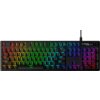 Czarna klawiatura mechaniczna z podświetleniem RGB, na której widoczne są klawisze z literami, cyframi i symbolami. W prawym górnym rogu znajduje się logo "HYPERX".