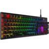 Na zdjęciu widoczna jest klawiatura mechaniczna z podświetleniem RGB, z klawiszami oznaczonymi literami, cyframi i symbolami. Na klawiaturze znajduje się logo "HyperX".