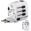 Biały adapter podróżny z logo "SKROSS" i napisem "HAMA" posiada różne wtyczki i gniazda, a na jego powierzchni widoczne są oznaczenia techniczne, takie jak "Model: World Adapter Pro" oraz "10A / 250V~". Na zdjęciu znajduje się również mniejszy widok adapt
