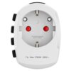 Biały adapter podróżny z widocznymi otworami na wtyczki oraz tekstem: "This adapter does not convert voltage!" i "7 A – Max. 1750 W – 250 V ~". Adapter ma czarne przyciski z boku.