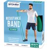 Opakowanie produktu z napisem "SPOKEY LIVE WITH PASSION!" oraz "RESISTANCE BAND POWER" na niebieskim tle, przedstawiające zieloną gumę do ćwiczeń i mężczyznę w sportowym stroju. Dodatkowe napisy to "GUMA TRENINGOWA", "HEAVY 20-30 kg", "STRENGTH", "POWER",