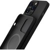 Na zdjęciu widoczne jest szaro-czarne etui na telefon z trzema otworami na aparaty oraz okrągłym wzorem wewnątrz. Etui ma wycięcia na przyciski i porty, a jego powierzchnia jest matowa.