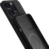 Szaro-czarne etui na telefon z widocznym okrągłym wzorem wewnątrz, obok smartfona z trzema obiektywami aparatu. Etui ma wycięcia na przyciski i aparat.