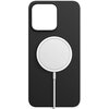 Szaro-czarne etui do telefonu z dużym otworem na aparat oraz okrągłym, białym elementem magnetycznym na środku. Produkt jest przeznaczony do modelu Apple iPhone 13 Pro.