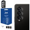 Opakowanie produktu "3mk Lens Pro Protection" z grafiką przedstawiającą nakładkę na obiektyw do Samsung Galaxy Z Fold 4 oraz zdjęcie telefonu z trzema obiektywami, na które nakładane są ochronne pierścienie. Na opakowaniu widnieje napis "Samsung Galaxy Z 