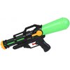 Na zdjęciu znajduje się zabawkowy pistolet wodny w kolorze czarnym z zielonym zbiornikiem i pomarańczowymi elementami. Produkt ma ergonomiczny uchwyt i widoczny mechanizm spustowy.